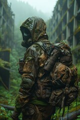 Fototapeta premium apocalyptic scenery with gas mask and protective suit, dystopian landscape and people wandering around