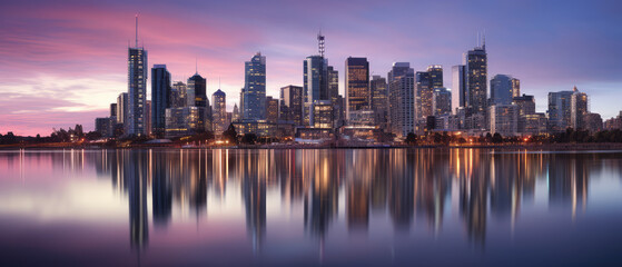 Stunning City Skyline at Sunset Reflecting on Water