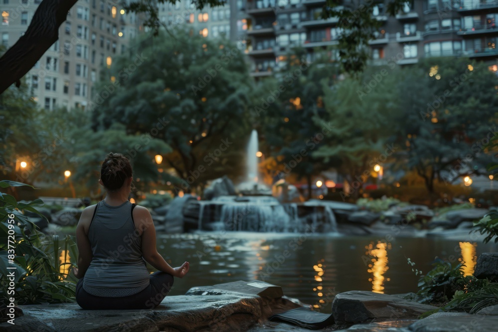 Poster A woman sitting on a rock in front of the water fountain. AI.