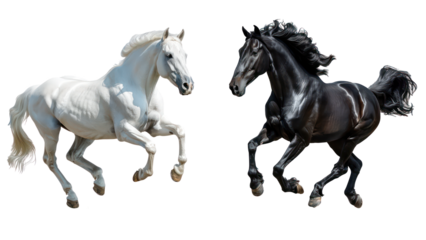 Set of Powerful Horse Stallion Running with Flowing Mane, Isolated on Transparent Background