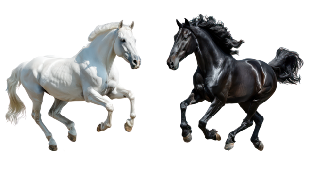 Set of Powerful Horse Stallion Running with Flowing Mane, Isolated on Transparent Background