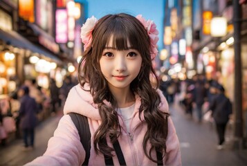 asian girl in pink clothes in the street