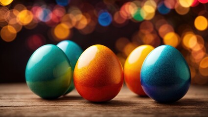 Colorful pastel easter eggs on festive bokeh background	
