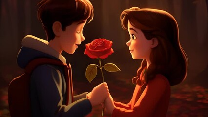 A boy gives a girl a rose	
