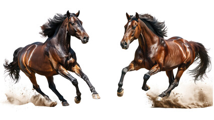 Set of Powerful Brown Horse Stallion Running with Flowing Mane, Isolated on Transparent Background