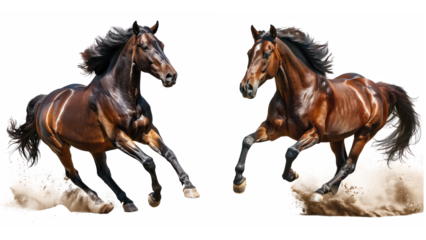 Set of Powerful Brown Horse Stallion Running with Flowing Mane, Isolated on Transparent Background