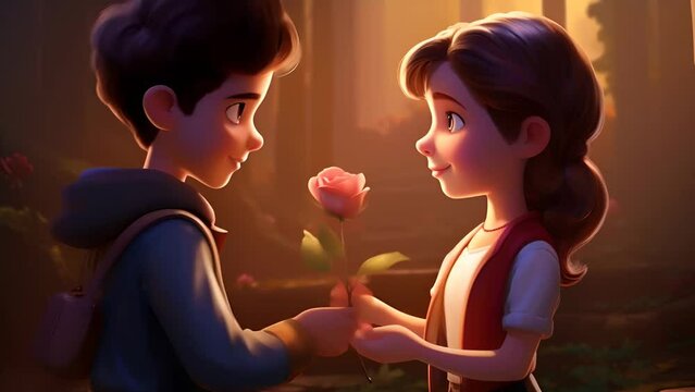 A boy gives a girl a pink rose	
