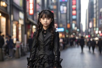 asian girl in gothic clothes in the street
