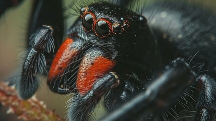  A tight shot of a red and black spider on a wooden plank, with water beads on its leg tips