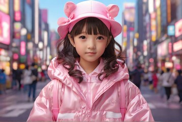 asian girl in pink clothes in the street