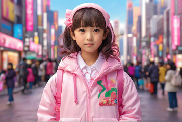 asian girl in pink clothes in the street