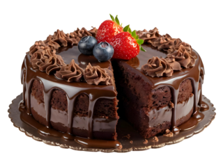 Chocolate cake  with blue berries and strawberries isolated on transparent background, png