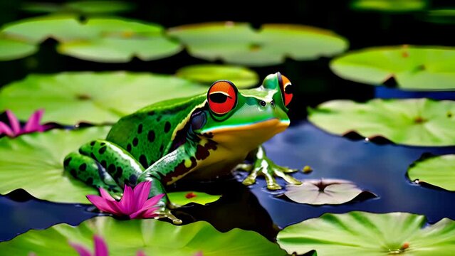 A green frog in a pond on a leaf close-up among the water lilies