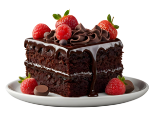 chocolate cake slice in white plate with strawberries isolated on transparent background, png