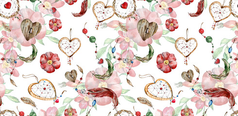 Watercolor Seamless Pattern. Dream Catchers Shape Heart, Pendants with Beads, Colorful Feathers, Ribbon, Flowers, Rosehip Leaves. Watercolor Illustration. Postcards, Invitations, Cosmetics
