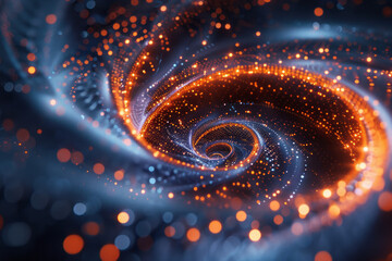 A digital Mobius strip with beads that seem to float and pulse with energy in a dark, ethereal space,