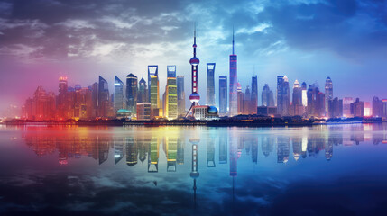 Fototapeta premium Vibrant Night Cityscape Reflection