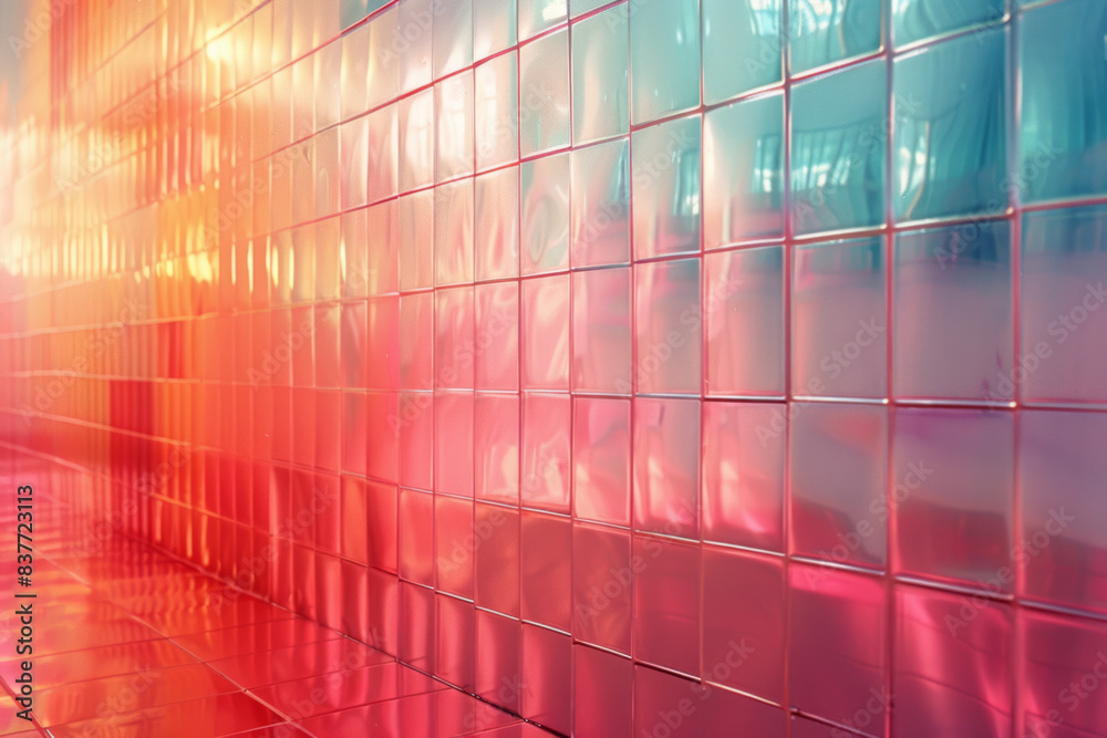 Poster undulating grid patterns with pastel gradients, forming a harmonious and tranquil design,