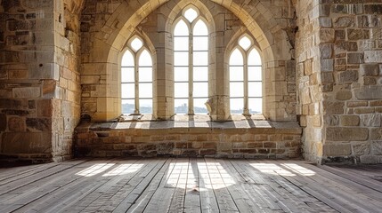  A room featuring a wooden floor, a stone wall with a large window, and a bench in front of it on the wooded portion