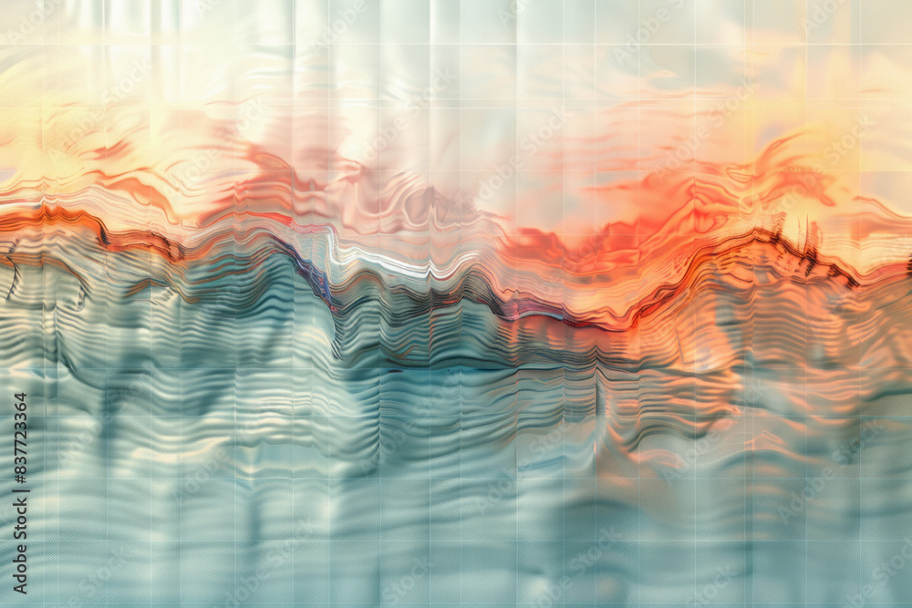 Poster abstract grid patterns with gentle, flowing waves in soft, sunset-inspired colors,
