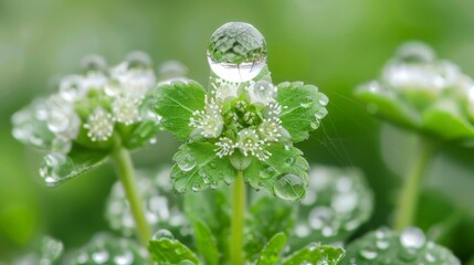  A close-up of a green plant with water droplets on its leaves and a blurred backdrop of water droplets above and below