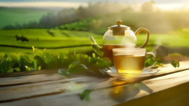 A cup of hot tea with steam coming from it and a teapot on a wooden table against the background of tea plantations at sunset
