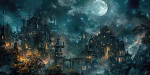 Naklejka premium City night panorama, old fantasy style