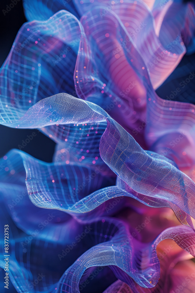 Poster Undulating grid patterns with soft transitions from blue to purple, creating a dreamy effect,