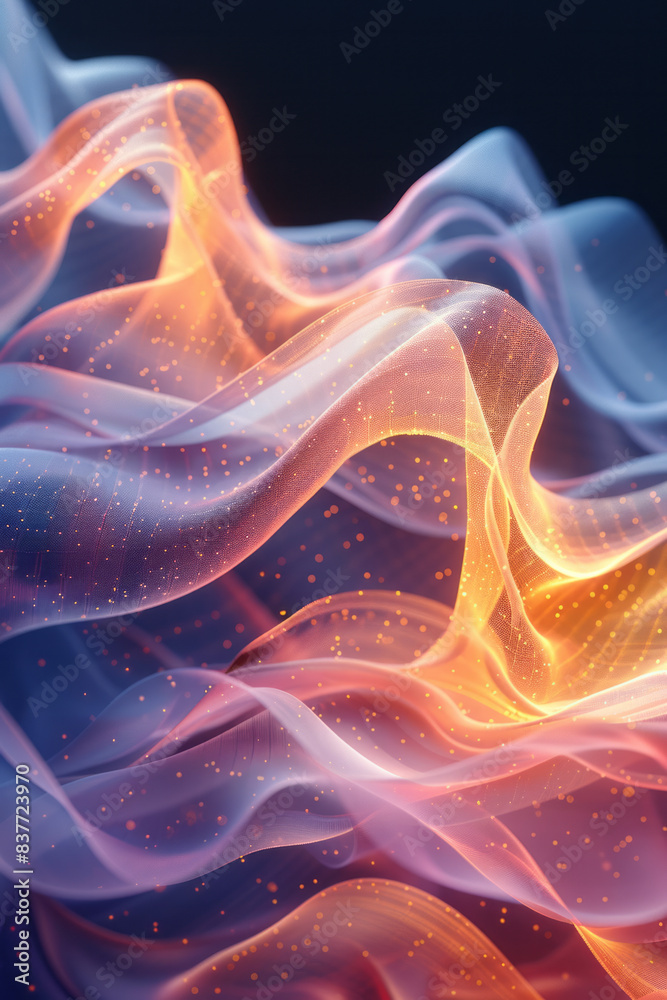 Poster a mesh wave pattern with pastel hues and a subtle, glowing effect, creating a serene atmosphere,