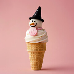 Ice cream in the shape of a snowman, the background is pink.