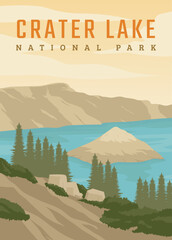crater lake poster vintage vector illustration design. national park in america vintage poster design. © Sypit08