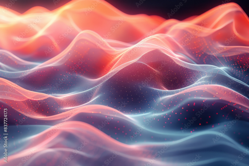 Poster abstract grid patterns with gentle waves, rendered in soft, gradient pastels,