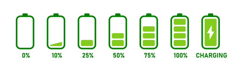 Charging battery icon set with 0,% 25%, 50%, 75%, 100% indicator in green. Battery charge flat icons. Charge indicator. Vector battery power icon powerfully charged. Vector illustration.