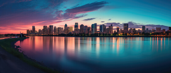 Obraz premium Vibrant Skyline at Sunset Over Water