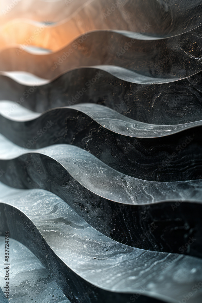 Poster A close-up of parallel lines creating wave patterns, with a soft gradient moving from light grey to charcoal,