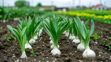 Obraz premium A tight shot of garlic plants up-close in a field, with green onions at the front, and yellow tulips in the background