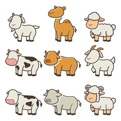 Set Cute Doodle Eid Al-Adha Animal Vector Illustration Element Collection. Editable Line. Adjustable Stroke Width