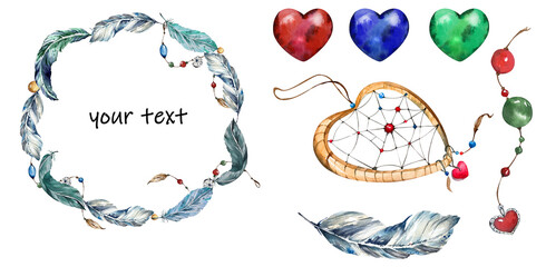 Set with Light Frame Wreath Blue Feathers and Beads, Dreamcatcher, Hearts. Watercolor Illustration. Isolated White Background. for Packaging, Postcards, Invitations, Flyers, Cosmetics, Gift Packages