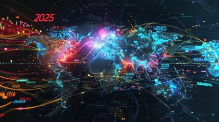 Fototapeta premium A world database map where modernity meets data, technology convergence and visualization, a tech vibe. Presenting global information in a visually appealing format