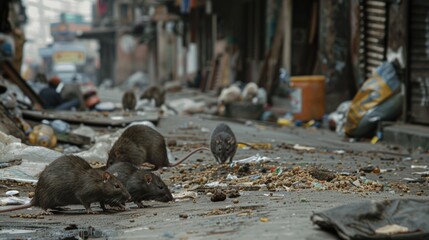 City streets, lots of rats eating leftover food, piles of rubbish, small and large rats.