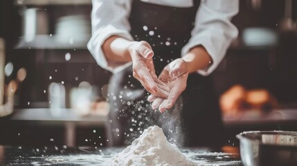 Baker preparing dough in kitchen, hands covered in flour. 