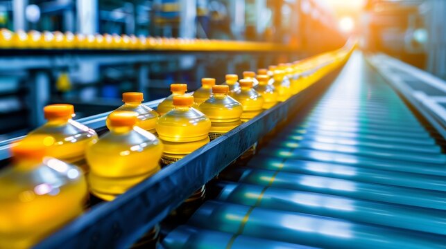 Bottles of liquid on a conveyor belt in a factory setting with a warm light in the background, showcasing industrial production and automation.