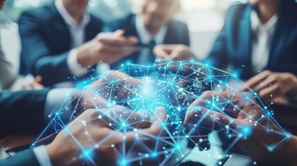 Business team collaborating with digital network hologram, symbolizing technology, innovation, and data connections in the modern workplace.