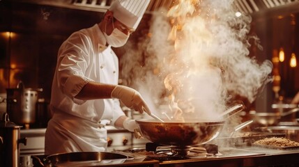 Chef cooking in a professional kitchen with flames rising from the pan, showcasing culinary skills and precision.