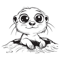 Cute meerkat with big eyes in hole, black vector illustration for kids coloring book