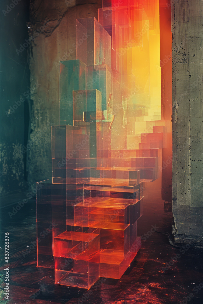 Fototapete abstract layered reflections with rectangles, each layer featuring a gradient from yellow to orange,