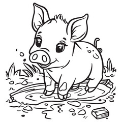 Cute simple muddy pig design, black vector illustration on white background