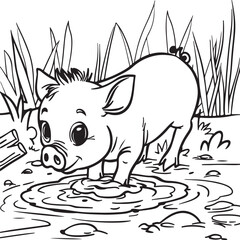 Cute simple muddy pig design, black vector illustration on white background