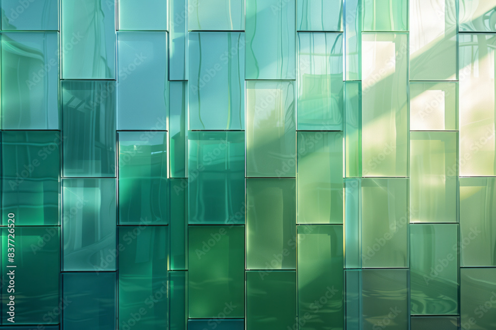 Poster A design of stacked rectangles with soft gradient transitions from green to turquoise, creating a layered reflection effect,
