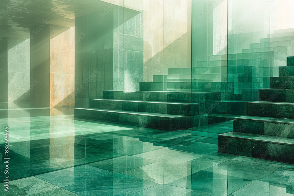 Poster A design of stacked rectangles with soft gradient transitions from green to turquoise, creating a layered reflection effect,